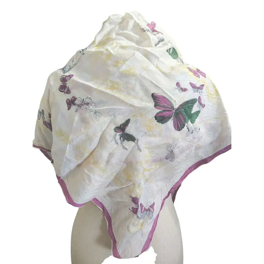 Vintage Butterfly Print Silk Scarf Cream Pink White Square Scarf Wrap